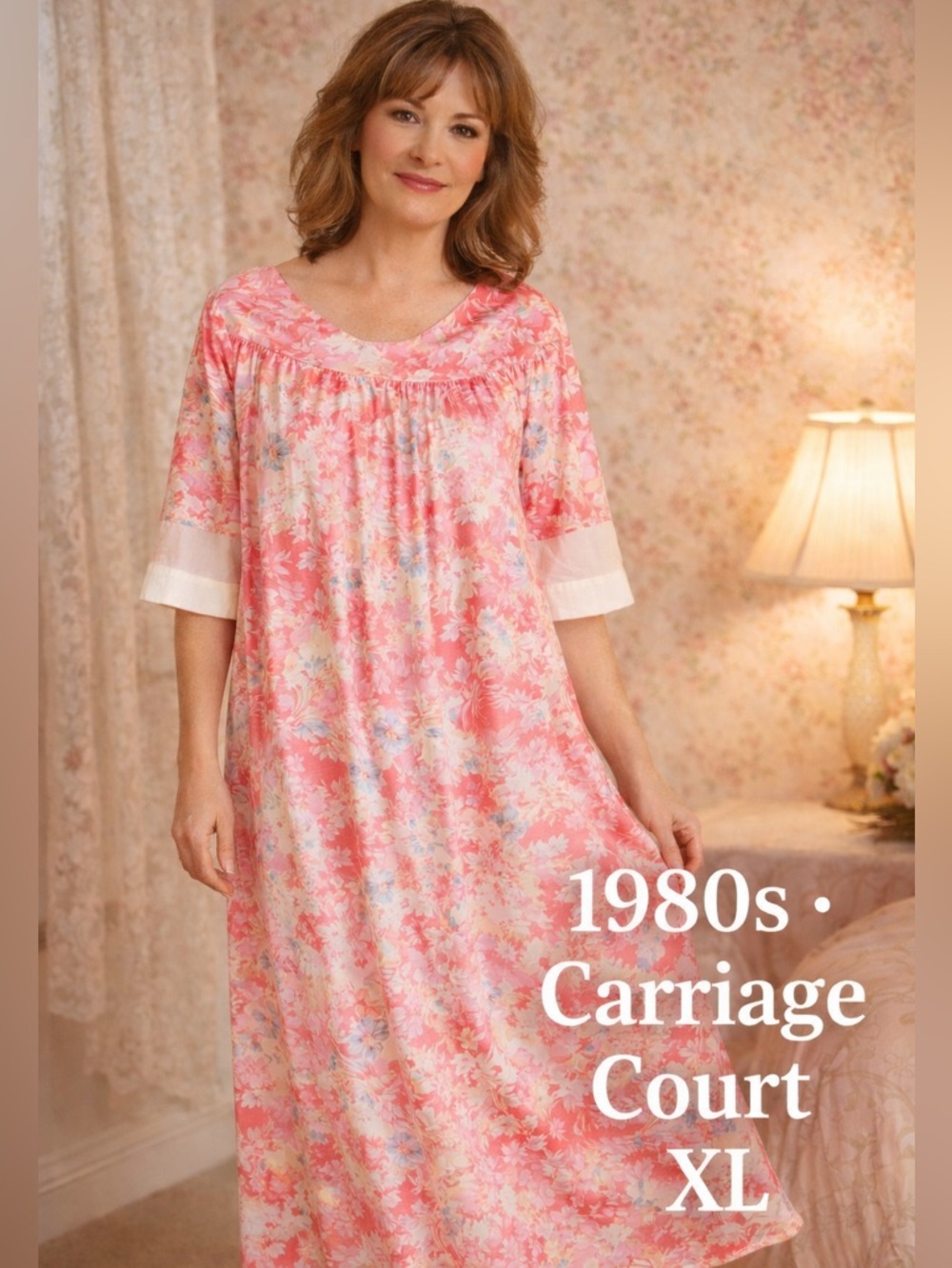 Vintage 1980s Carriage Court XL Pink Floral House Dress Pockets